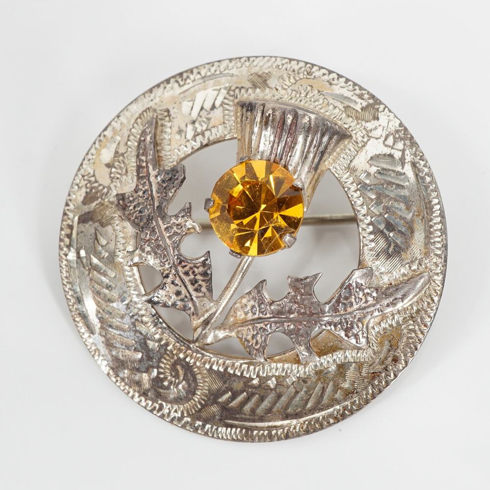 Vintage Ward Brothers Scottish Celtic Knot Thistle Brooch Yellow Pin 50s